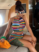 Sifreyr Seksi komplet od 2 komada sa šarenim printom Ženska odjeća za odmor na plaži S halterima Kompleti kratkih majica i kratkih hlača bez leđa bez leđa