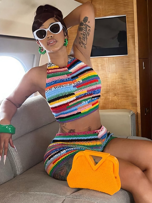 Sifreyr Set de 2 piese sexy cu imprimeu colorat pentru femei, ținute de vacanță la plajă, cu șalter, fără spate, cu dantelă, crop și pantaloni scurți, seturi asortate