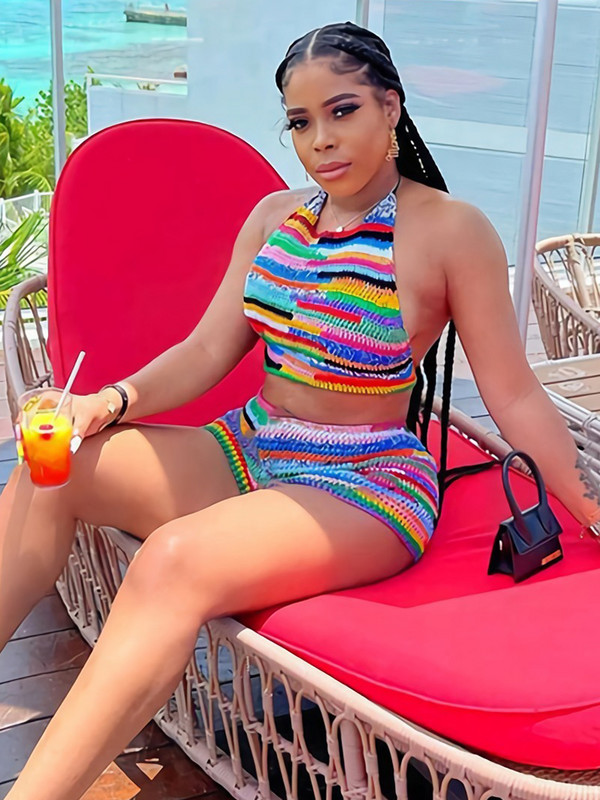 Sifreyr Set de 2 piese sexy cu imprimeu colorat pentru femei, ținute de vacanță la plajă, cu șalter, fără spate, cu dantelă, crop și pantaloni scurți, seturi asortate