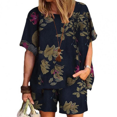 2kom Ženska vintage bluza kratkih rukava s cvjetnim uzorkom Ljetni kompleti Ležerna široka trenirka Kompleti za plažu sportski kostim ženski