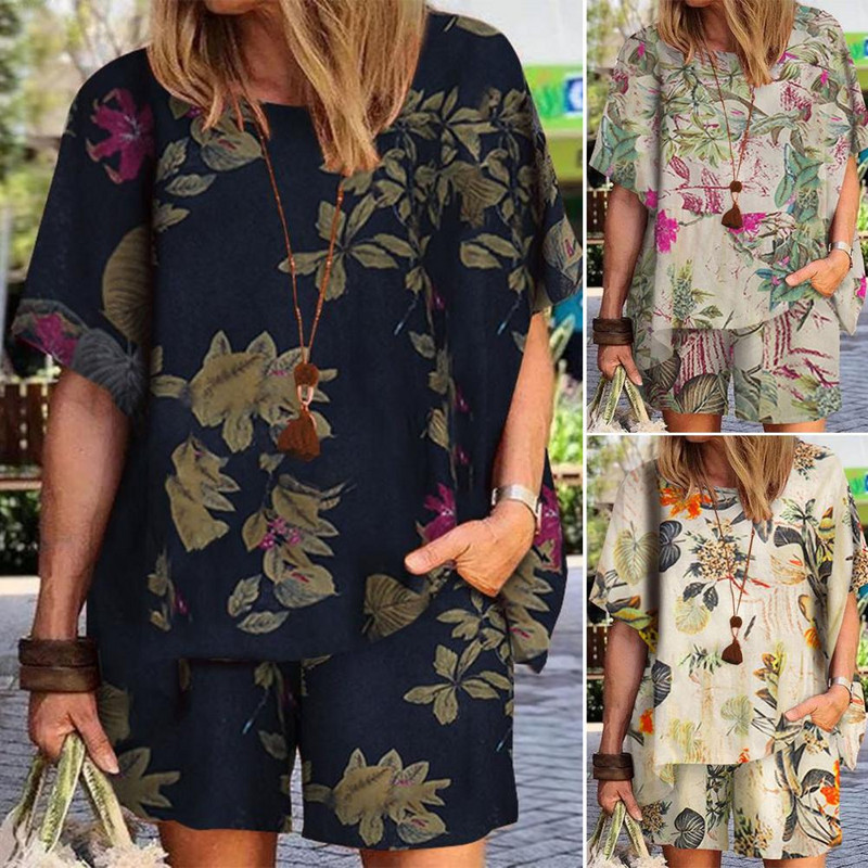 2kom Ženska vintage bluza kratkih rukava s cvjetnim uzorkom Ljetni kompleti Ležerna široka trenirka Kompleti za plažu sportski kostim ženski