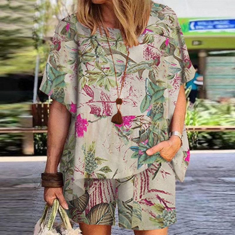 2kom Ženska vintage bluza kratkih rukava s cvjetnim uzorkom Ljetni kompleti Ležerna široka trenirka Kompleti za plažu sportski kostim ženski