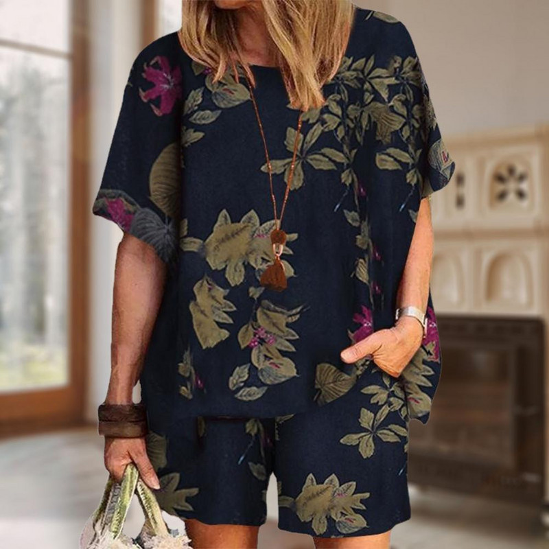 2kom Ženska vintage bluza kratkih rukava s cvjetnim uzorkom Ljetni kompleti Ležerna široka trenirka Kompleti za plažu sportski kostim ženski