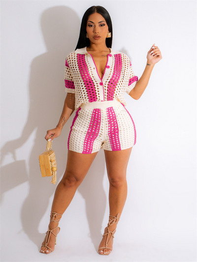 JRRY Seksi ženski pleteni komplet Kratka majica s kosim izrezom, kratka suknja, heklani dvodijelni set, heklani set haljina za plažu dugih rukava