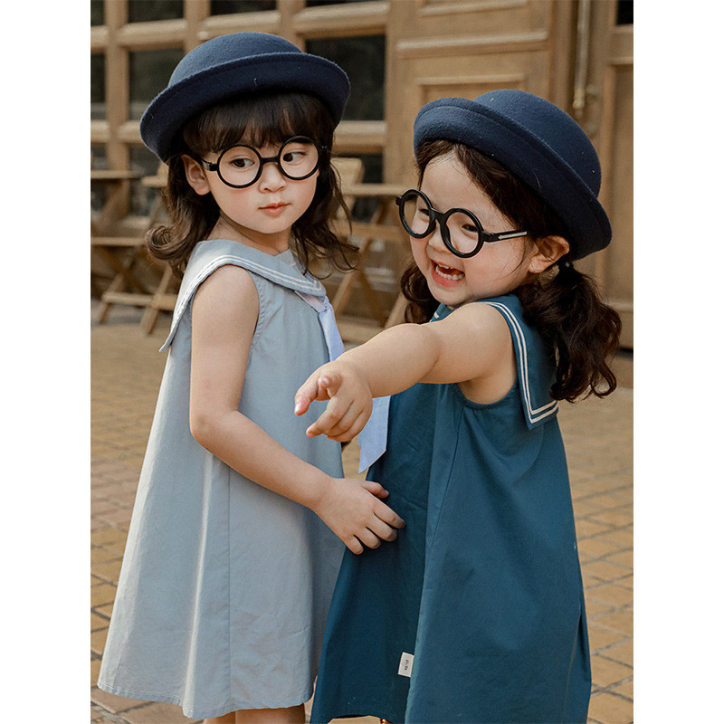 Nové letné trendy dievčenské šaty tmavomodré námornícke šaty s golierom a rukávmi, princeznovské šaty A-strihe, detské oblečenie E0220