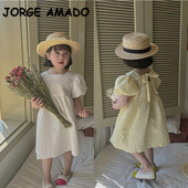 Κορεάτικο στυλ Νέο καλοκαιρινό φόρεμα για κοριτσάκι κοντά μανίκια φουσκωτά Κίτρινο λευκό τετράγωνο γιακά φόρεμα πριγκίπισσας παιδικά ρούχα E3300