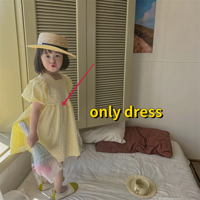 Κορεάτικο στυλ Νέο καλοκαιρινό φόρεμα για κοριτσάκι κοντά μανίκια φουσκωτά Κίτρινο λευκό τετράγωνο γιακά φόρεμα πριγκίπισσας παιδικά ρούχα E3300