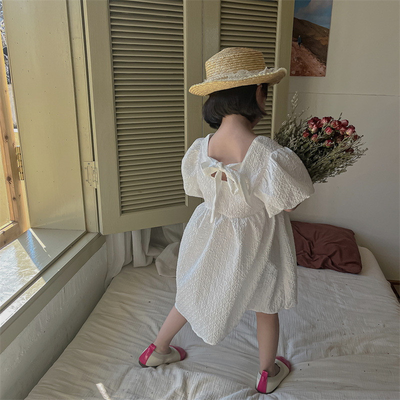 Κορεάτικο στυλ Νέο καλοκαιρινό φόρεμα για κοριτσάκι κοντά μανίκια φουσκωτά Κίτρινο λευκό τετράγωνο γιακά φόρεμα πριγκίπισσας παιδικά ρούχα E3300