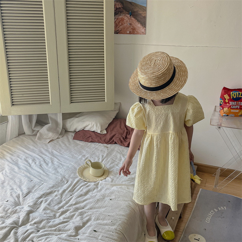 Κορεάτικο στυλ Νέο καλοκαιρινό φόρεμα για κοριτσάκι κοντά μανίκια φουσκωτά Κίτρινο λευκό τετράγωνο γιακά φόρεμα πριγκίπισσας παιδικά ρούχα E3300