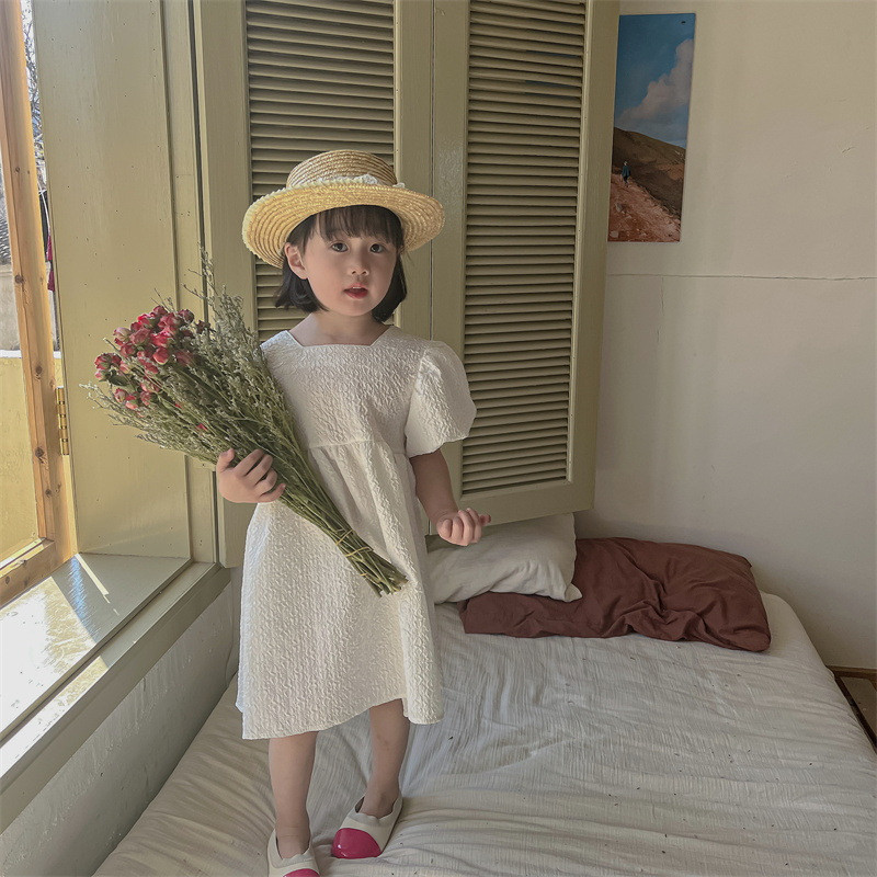 Κορεάτικο στυλ Νέο καλοκαιρινό φόρεμα για κοριτσάκι κοντά μανίκια φουσκωτά Κίτρινο λευκό τετράγωνο γιακά φόρεμα πριγκίπισσας παιδικά ρούχα E3300