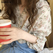 Dámske košele s kvetinovou potlačou, výstrihom do V, ulzzang šifón, sladké elegantné dámske šifónové tuniky, letné prázdninové streetwear, veľkosť 3XL, denné