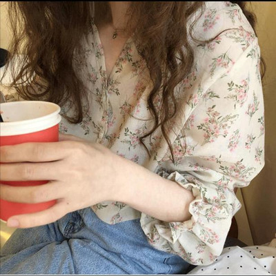 Dámske košele s kvetinovou potlačou, výstrihom do V, ulzzang šifón, sladké elegantné dámske šifónové tuniky, letné prázdninové streetwear, veľkosť 3XL, denné