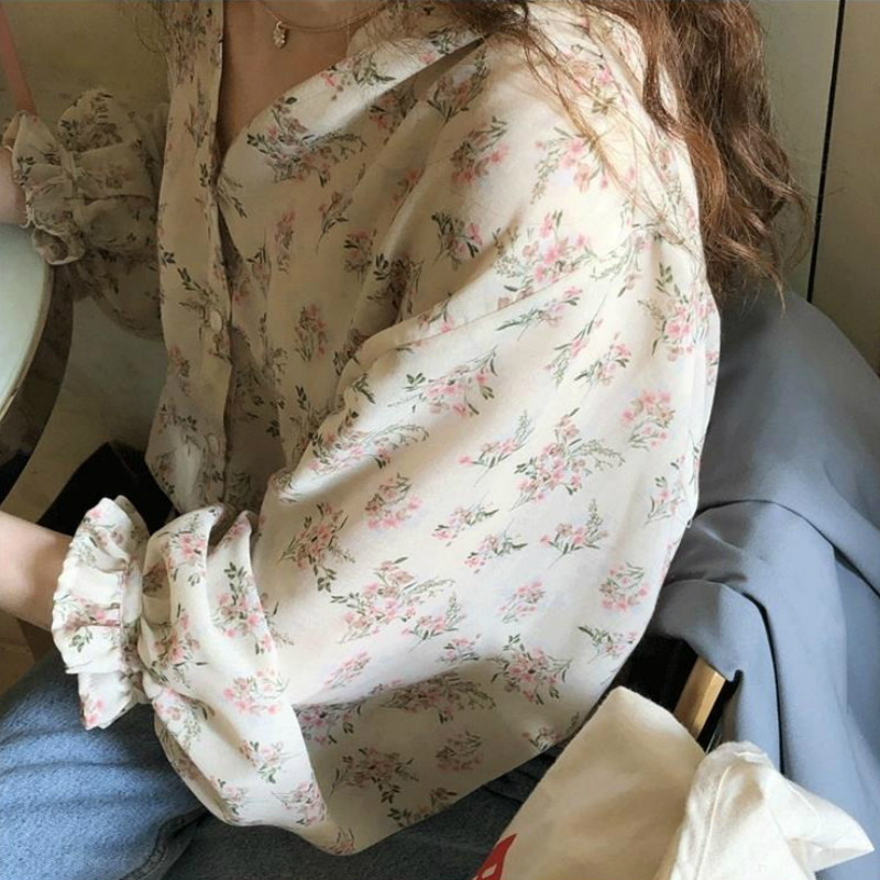 Dámske košele s kvetinovou potlačou, výstrihom do V, ulzzang šifón, sladké elegantné dámske šifónové tuniky, letné prázdninové streetwear, veľkosť 3XL, denné