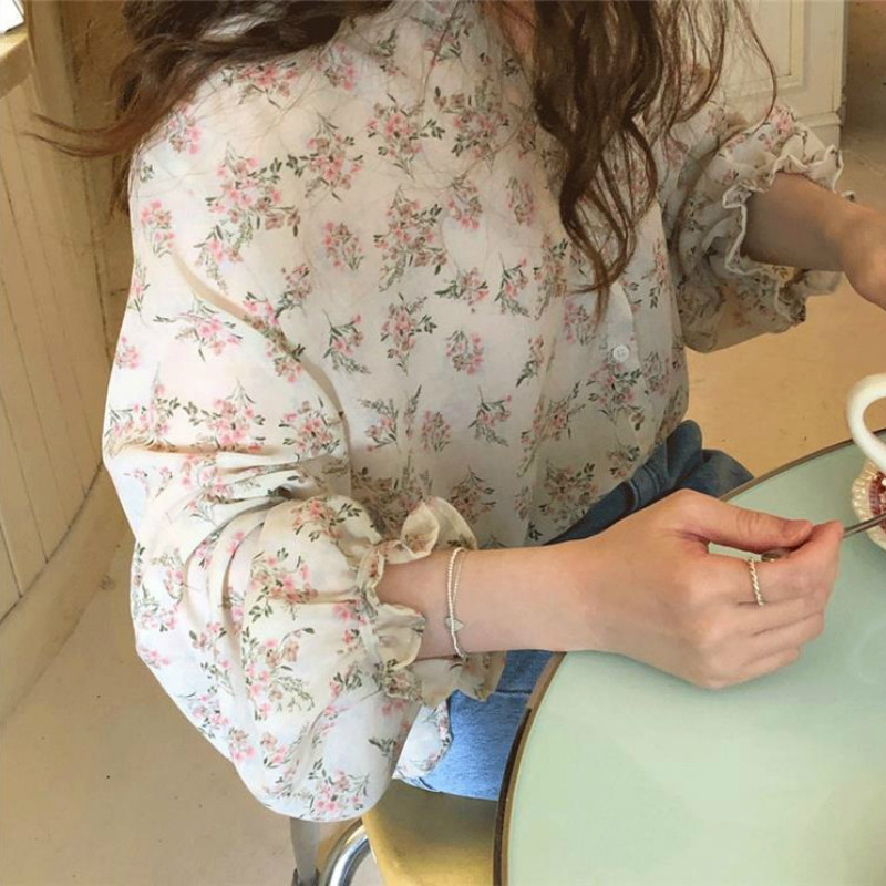 Dámske košele s kvetinovou potlačou, výstrihom do V, ulzzang šifón, sladké elegantné dámske šifónové tuniky, letné prázdninové streetwear, veľkosť 3XL, denné