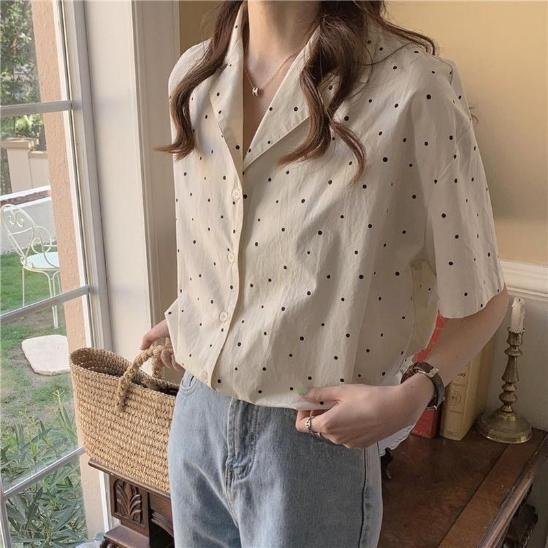 Moteriški marškiniai trumpomis rankovėmis, ploni, dantyti taškeliai, ploni, vasariniai retro stiliaus saldūs klasikiniai laisvalaikio prašmatnūs pagrindiniai jaukūs Kawaii Рубашки Populiarus dizainas