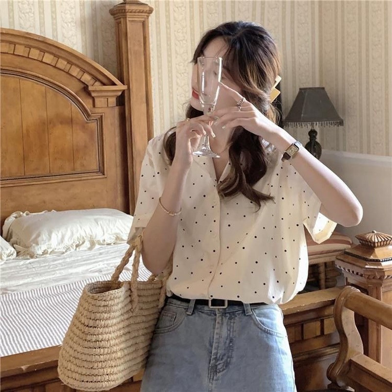 Moteriški marškiniai trumpomis rankovėmis, ploni, dantyti taškeliai, ploni, vasariniai retro stiliaus saldūs klasikiniai laisvalaikio prašmatnūs pagrindiniai jaukūs Kawaii Рубашки Populiarus dizainas