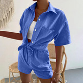 2022. aasta suvine naiste puuvillane linane vabaaja lühikeste varrukatega, üherealine üherealine ühevärviline särk, topid Lühikesed püksid, kaheosaline komplekt#g3