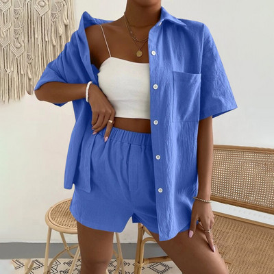 2022. aasta suvine naiste puuvillane linane vabaaja lühikeste varrukatega, üherealine üherealine ühevärviline särk, topid Lühikesed püksid, kaheosaline komplekt#g3