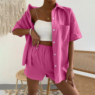 2022. aasta suvine naiste puuvillane linane vabaaja lühikeste varrukatega, üherealine üherealine ühevärviline särk, topid Lühikesed püksid, kaheosaline komplekt#g3