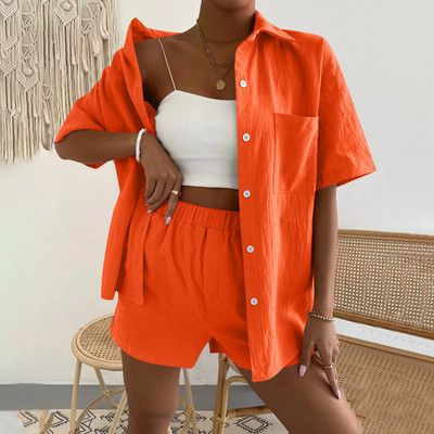 2022. aasta suvine naiste puuvillane linane vabaaja lühikeste varrukatega, üherealine üherealine ühevärviline särk, topid Lühikesed püksid, kaheosaline komplekt#g3