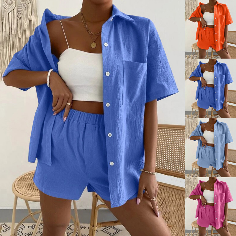 2022. aasta suvine naiste puuvillane linane vabaaja lühikeste varrukatega, üherealine üherealine ühevärviline särk, topid Lühikesed püksid, kaheosaline komplekt#g3