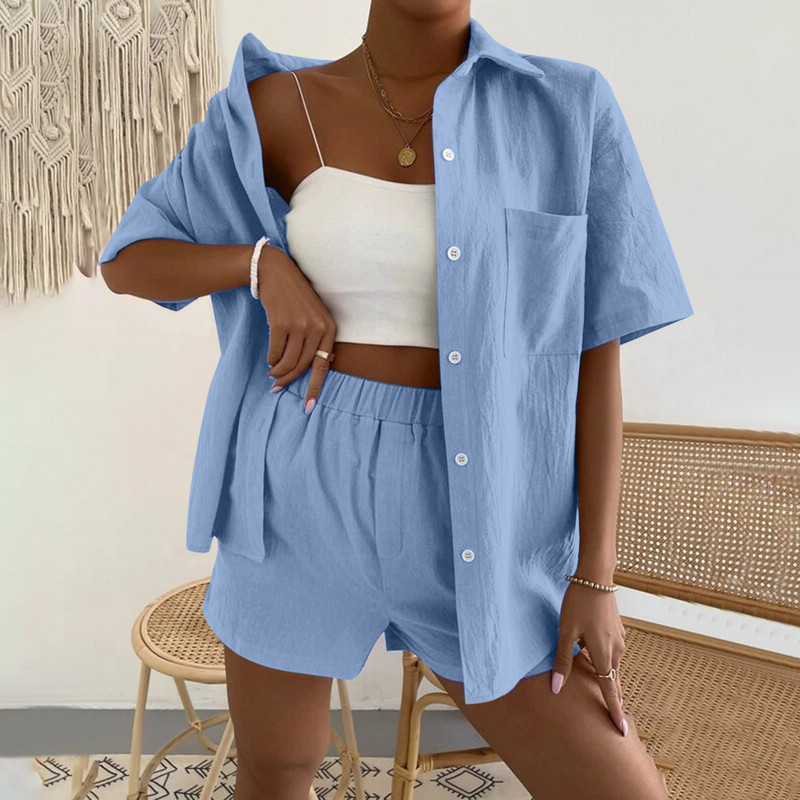 2022. aasta suvine naiste puuvillane linane vabaaja lühikeste varrukatega, üherealine üherealine ühevärviline särk, topid Lühikesed püksid, kaheosaline komplekt#g3