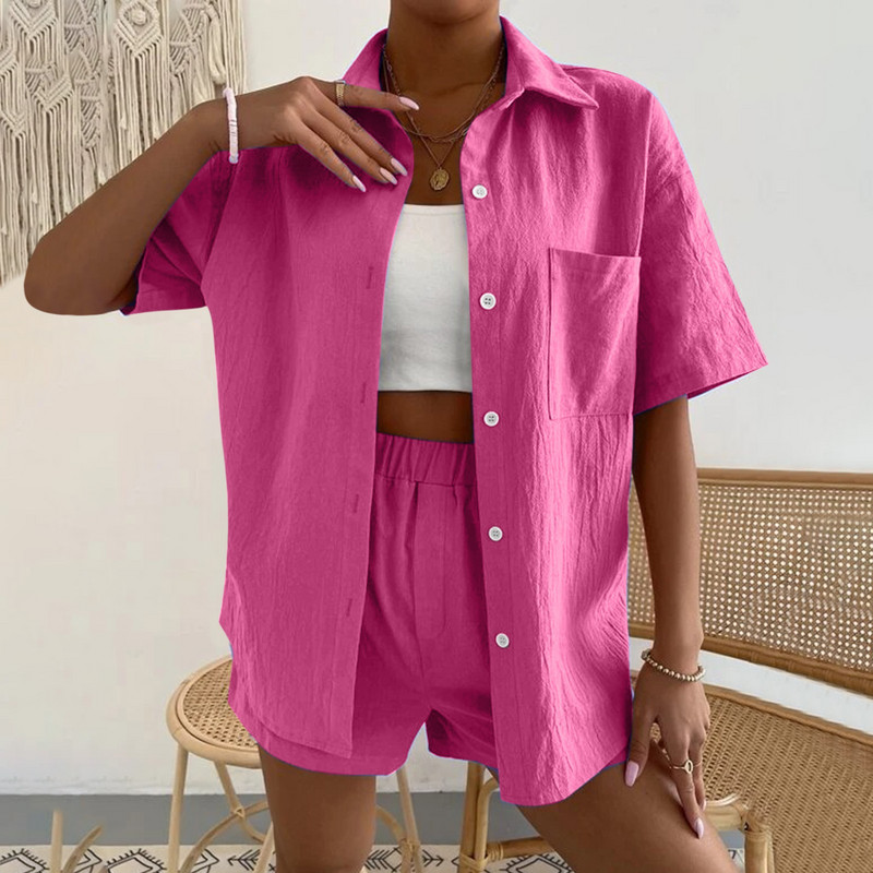 2022. aasta suvine naiste puuvillane linane vabaaja lühikeste varrukatega, üherealine üherealine ühevärviline särk, topid Lühikesed püksid, kaheosaline komplekt#g3