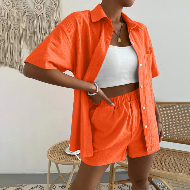 2022. aasta suvine naiste puuvillane linane vabaaja lühikeste varrukatega, üherealine üherealine ühevärviline särk, topid Lühikesed püksid, kaheosaline komplekt#g3