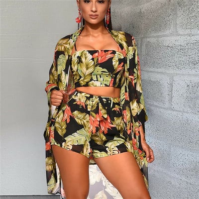 Dámske súpravy s kvetinovým vzorom a 3 ks, boho lemovaním, kvetinovou potlačou, ramienkami, topom a šortkami, ležérnym plážovým oblečením a oblekmi.