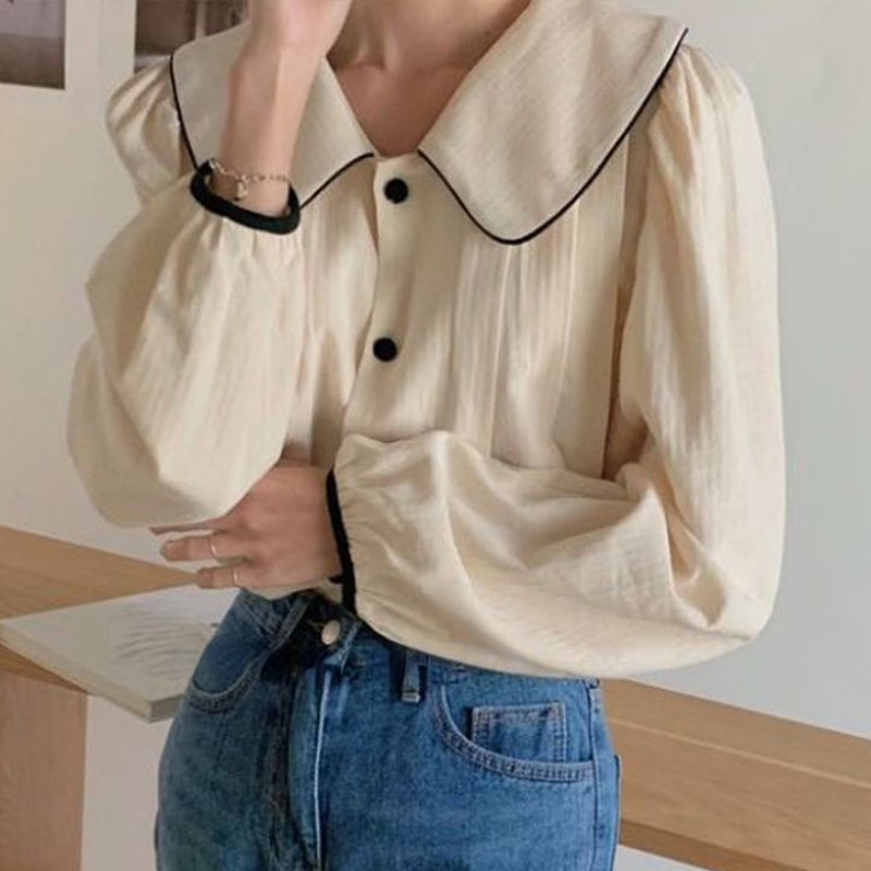 M-4XL Ingek Női Őszi Puff Ujj Peter Pan gallér Édes Elegáns Koreai Stílus Divat Alkalmi Egyszerű Chemise Nő Új Chic