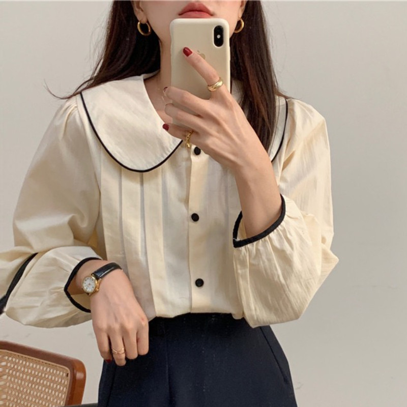 M-4XL Ingek Női Őszi Puff Ujj Peter Pan gallér Édes Elegáns Koreai Stílus Divat Alkalmi Egyszerű Chemise Nő Új Chic