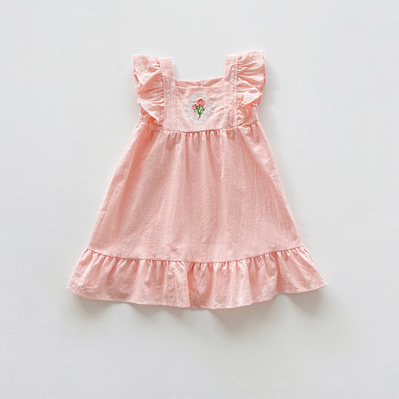 Új nyári ruha kislánynak Fehér Rózsaszín Négyzet Galléros Flere ujjak Hímzés Princess ruha Gyerekruha E23022