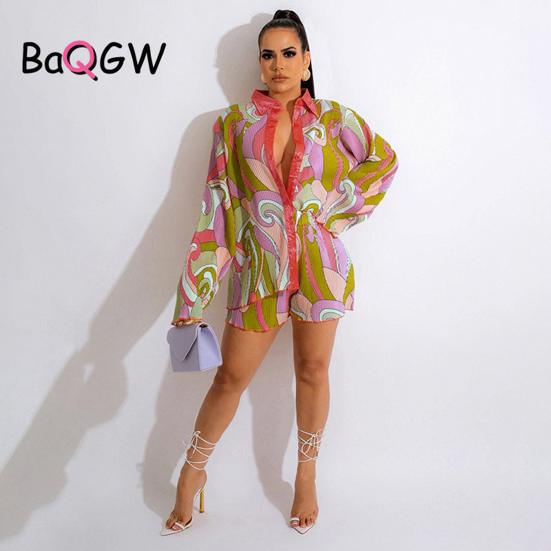 BaQGW Sexy farebné bloky skladané dámske dvojdielne súpravy ležérne s dlhým rukávom, jednoradová blúzka, košeľa, jesenné plážové a klubové outfity