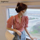 Ingek Női Kockás Puff ujjú Vékony Crop Top Karcsú Design Kawaii Édes Szexi Retro Stílusos Ins Gyengéd Рубашки Koreai stílusú klasszikus