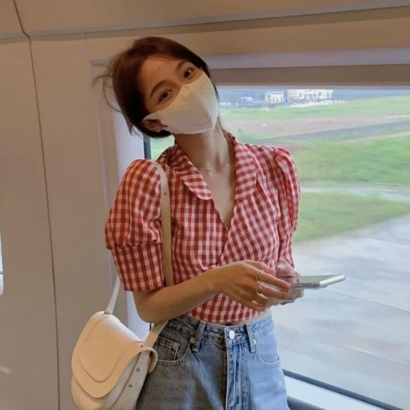 Ingek Női Kockás Puff ujjú Vékony Crop Top Karcsú Design Kawaii Édes Szexi Retro Stílusos Ins Gyengéd Рубашки Koreai stílusú klasszikus