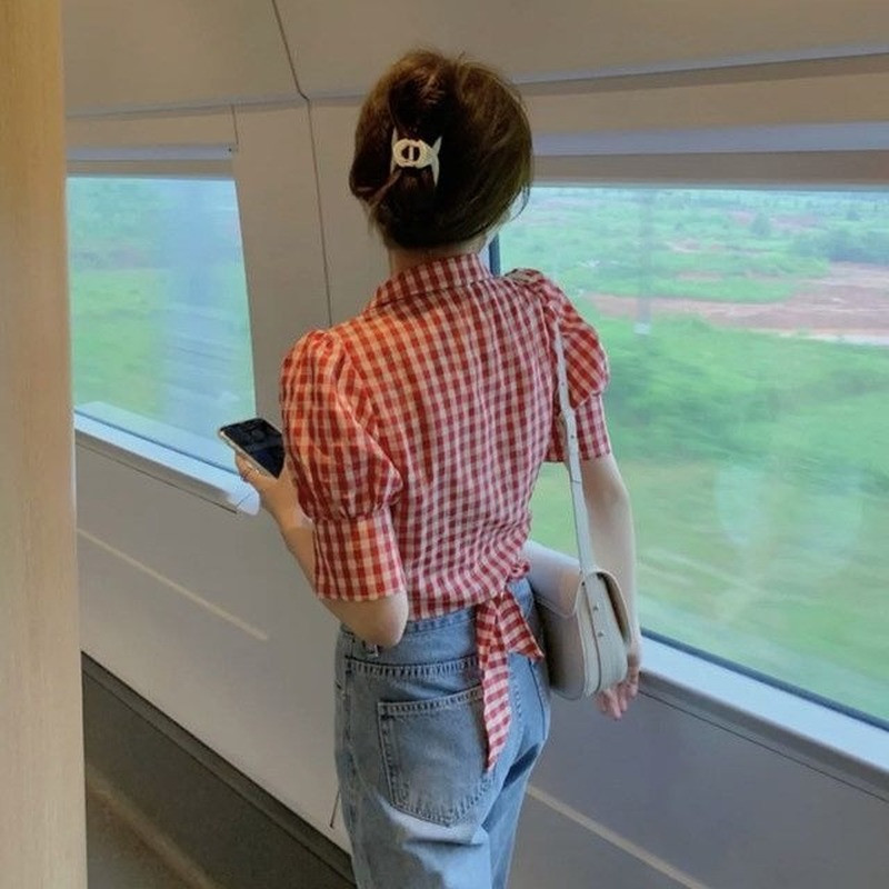 Ingek Női Kockás Puff ujjú Vékony Crop Top Karcsú Design Kawaii Édes Szexi Retro Stílusos Ins Gyengéd Рубашки Koreai stílusú klasszikus