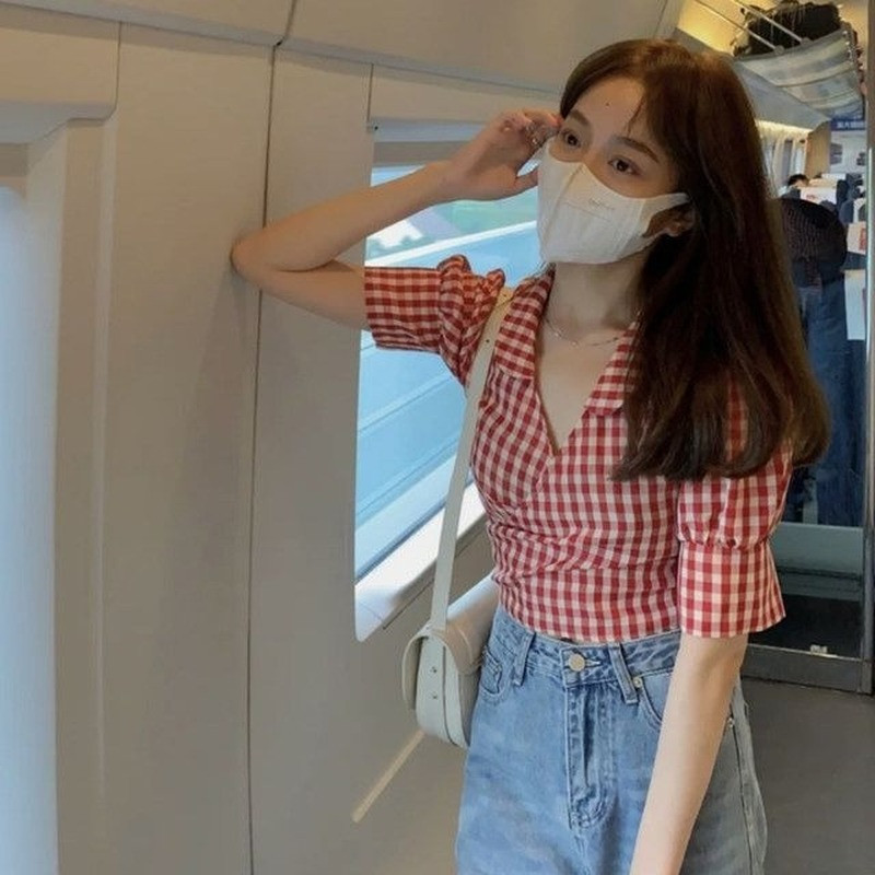 Ingek Női Kockás Puff ujjú Vékony Crop Top Karcsú Design Kawaii Édes Szexi Retro Stílusos Ins Gyengéd Рубашки Koreai stílusú klasszikus