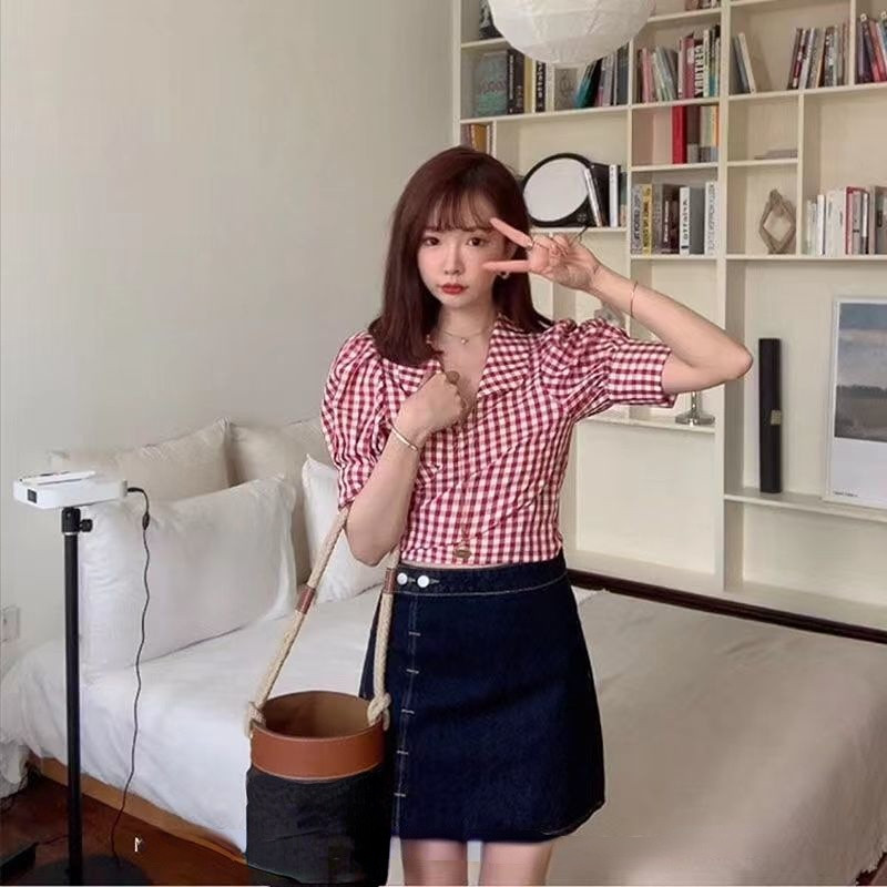 Ingek Női Kockás Puff ujjú Vékony Crop Top Karcsú Design Kawaii Édes Szexi Retro Stílusos Ins Gyengéd Рубашки Koreai stílusú klasszikus