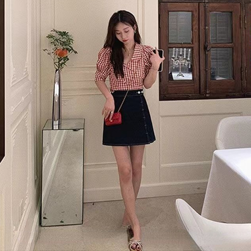 Ingek Női Kockás Puff ujjú Vékony Crop Top Karcsú Design Kawaii Édes Szexi Retro Stílusos Ins Gyengéd Рубашки Koreai stílusú klasszikus