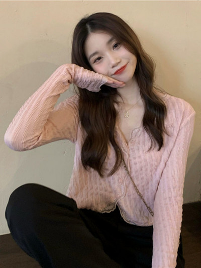 Dámske košele s výstrihom do V, čipkovaný crop top s úzkym strihom, jednofarebný, sladký, sexy, jarný, nový, elegantný, šik, ležérny, základný, univerzálny, vysokoškolský, mladý, Ulzzang