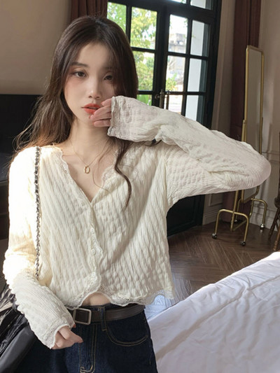 Dámske košele s výstrihom do V, čipkovaný crop top s úzkym strihom, jednofarebný, sladký, sexy, jarný, nový, elegantný, šik, ležérny, základný, univerzálny, vysokoškolský, mladý, Ulzzang