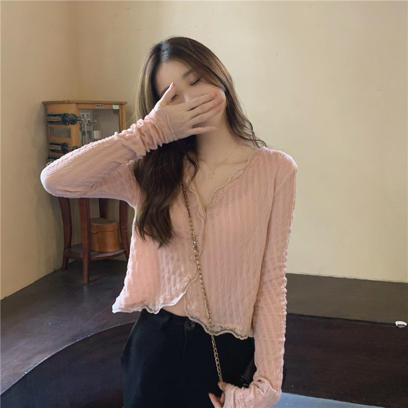 Dámske košele s výstrihom do V, čipkovaný crop top s úzkym strihom, jednofarebný, sladký, sexy, jarný, nový, elegantný, šik, ležérny, základný, univerzálny, vysokoškolský, mladý, Ulzzang