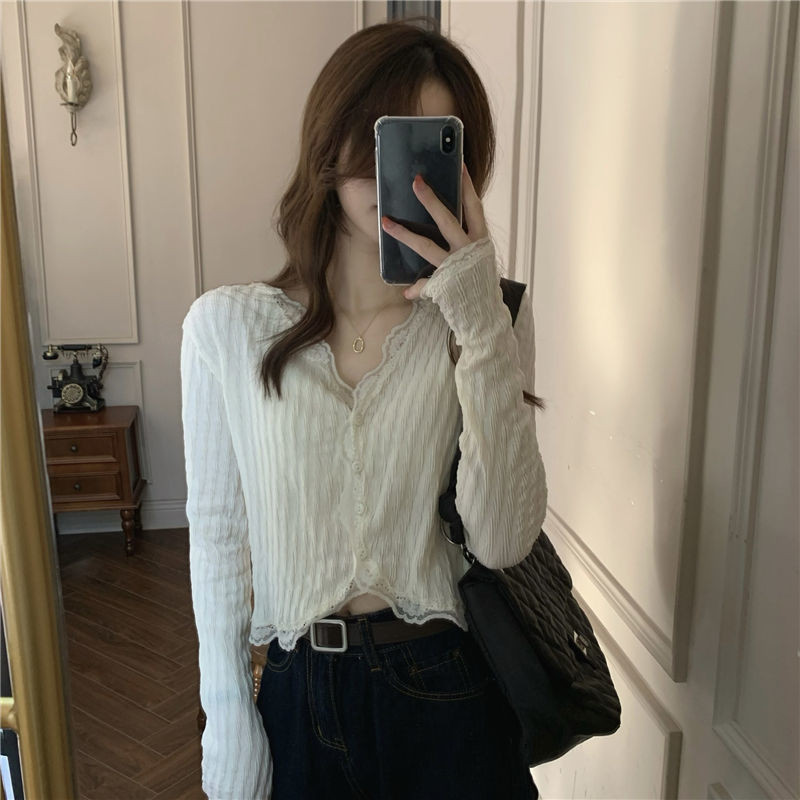 Dámske košele s výstrihom do V, čipkovaný crop top s úzkym strihom, jednofarebný, sladký, sexy, jarný, nový, elegantný, šik, ležérny, základný, univerzálny, vysokoškolský, mladý, Ulzzang