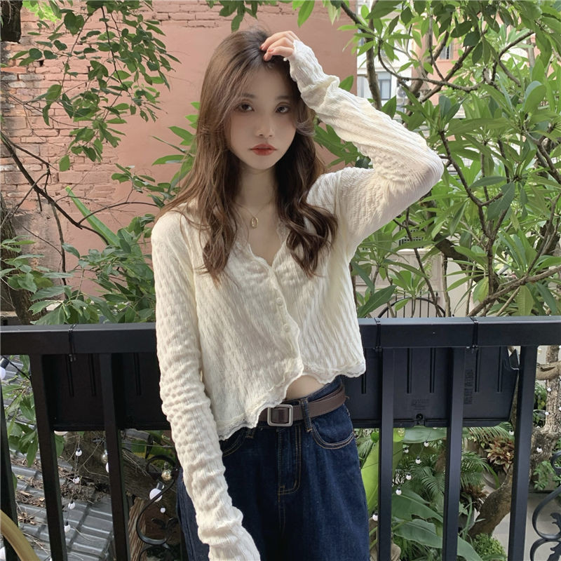 Dámske košele s výstrihom do V, čipkovaný crop top s úzkym strihom, jednofarebný, sladký, sexy, jarný, nový, elegantný, šik, ležérny, základný, univerzálny, vysokoškolský, mladý, Ulzzang