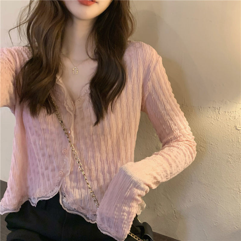 Dámske košele s výstrihom do V, čipkovaný crop top s úzkym strihom, jednofarebný, sladký, sexy, jarný, nový, elegantný, šik, ležérny, základný, univerzálny, vysokoškolský, mladý, Ulzzang
