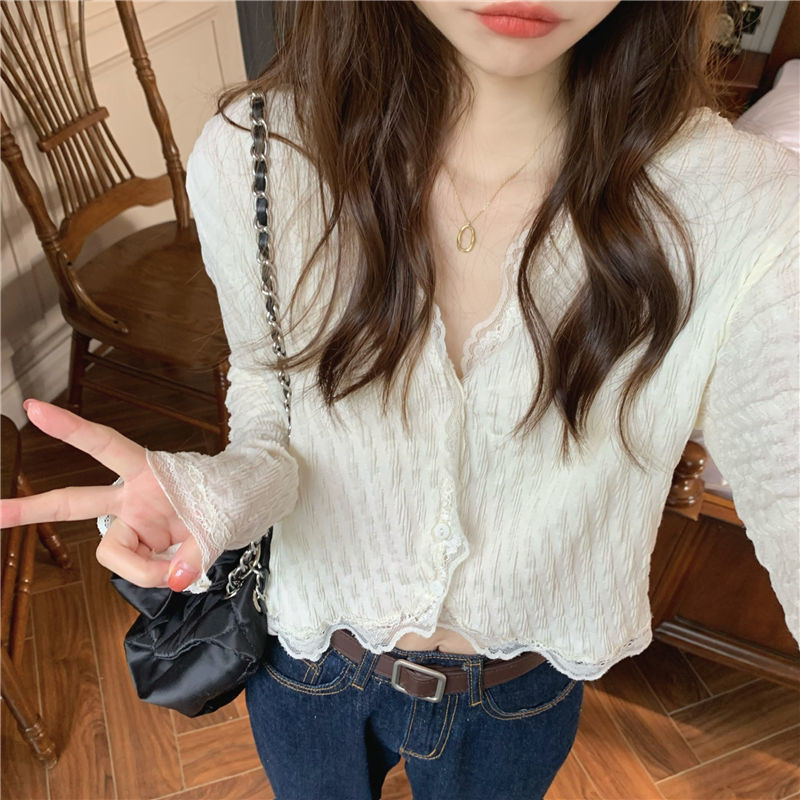 Dámske košele s výstrihom do V, čipkovaný crop top s úzkym strihom, jednofarebný, sladký, sexy, jarný, nový, elegantný, šik, ležérny, základný, univerzálny, vysokoškolský, mladý, Ulzzang