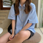 Dámske košele s krátkym rukávom, jednofarebné, unisex, vysokoškolské, košele, kórejský štýl, univerzálne, základné, mujer de moda, prevládajúce, štýlové, nové