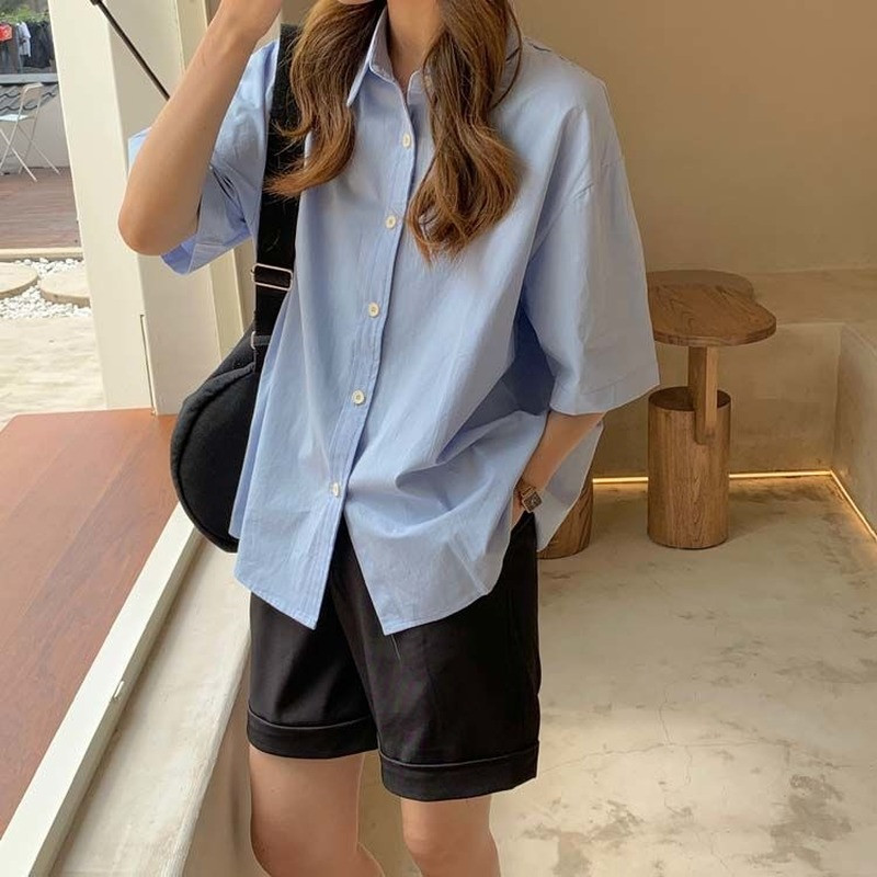 Dámske košele s krátkym rukávom, jednofarebné, unisex, vysokoškolské, košele, kórejský štýl, univerzálne, základné, mujer de moda, prevládajúce, štýlové, nové