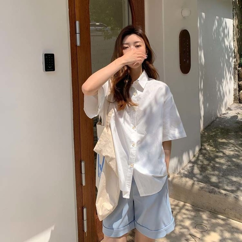Dámske košele s krátkym rukávom, jednofarebné, unisex, vysokoškolské, košele, kórejský štýl, univerzálne, základné, mujer de moda, prevládajúce, štýlové, nové