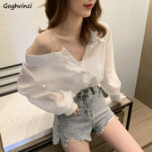 Dámske košele, jednofarebné, s golierom, odhalené ramená, štýlové, sexy, elegantné, šik, denné, horúce, výpredaj, s dlhým rukávom, voľné, bluzky, top, nové, ženy